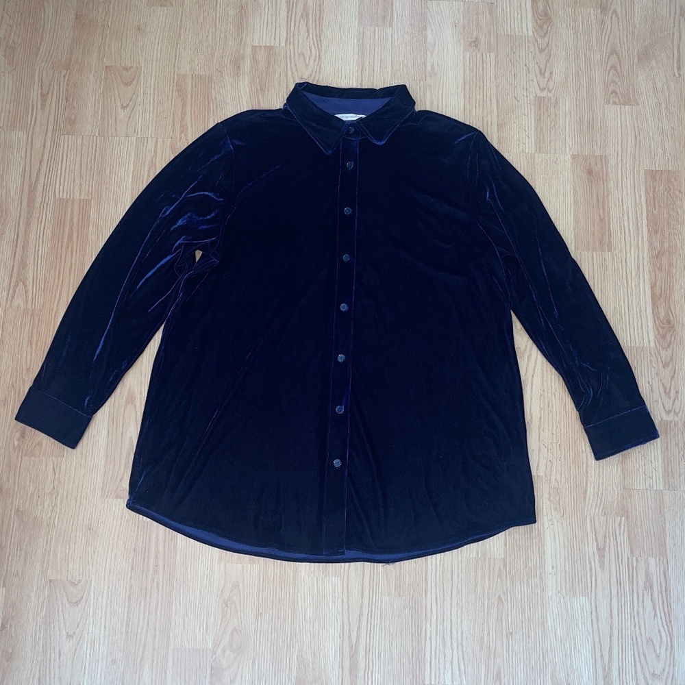 Soft Surroundings Dark Blue Long Sleeve Loose Fit Velvet Button Up Tunic Top